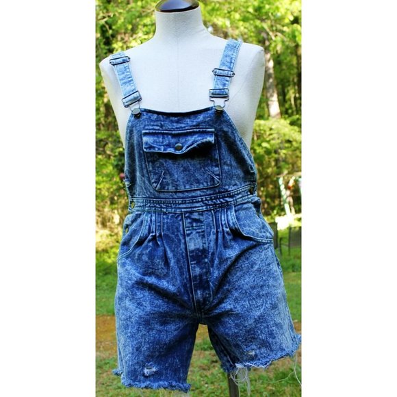 Vtg 80s Acid Wash Denim Cut-off Overalls Shorts sz 6/8 Pleated Front Distressed - Picture 1 of 9